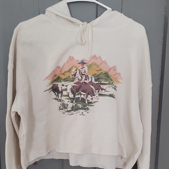 Tops - Cowgirl Western Graphic Cropped Raw Edge Cream Hoodie